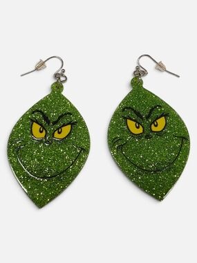 Grinch Glitter Christmas Earrings Green Holiday Dangle Leaf Drop NWT Sparkly